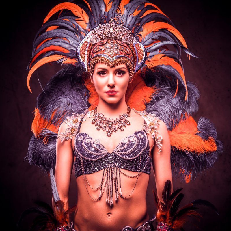 Studio portrait of a sexy female in a colorful sumptuous carnival feather suit, posing on a dark background.